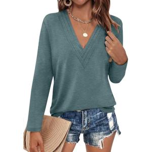 Womens Deep V Neck Long Sleeve Shirts Pleated Dressy Casual Tops Sexy Loose Fit T Shirt(Dark Green)