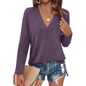 Womens Deep V Neck Long Sleeve Shirts Pleated Dressy Casual Tops Sexy Loose Fit T Shirt(Deep Purple)