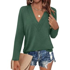 Womens Deep V Neck Long Sleeve Shirts Pleated Dressy Casual Tops Sexy Loose Fit T Shirt(Green)