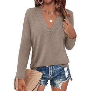 Womens Deep V Neck Long Sleeve Shirts Pleated Dressy Casual Tops Sexy Loose Fit T Shirt(Khaki)