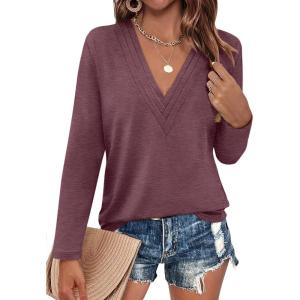 Womens Deep V Neck Long Sleeve Shirts Pleated Dressy Casual Tops Sexy Loose Fit T Shirt(Maroon)