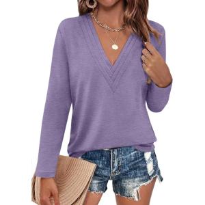 Womens Deep V Neck Long Sleeve Shirts Pleated Dressy Casual Tops Sexy Loose Fit T Shirt(Purple)