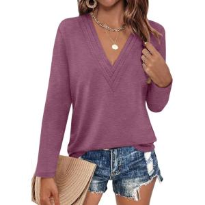 Womens Deep V Neck Long Sleeve Shirts Pleated Dressy Casual Tops Sexy Loose Fit T Shirt(Wine Red)