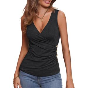 Womens Deep V Neck Tank Tops Sexy Sleeveless Wrap Tops Fitted Ruched Shirts 2025(Black)