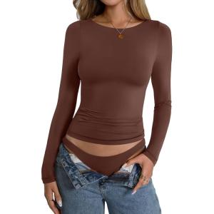Womens Double Lined Long Sleeve Shirts Boat Neck Going Out Tops Trendy Slim Fitted Tees Basic Fall Outfits 2025(Brown)