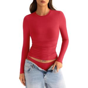 Womens Double Lined Long Sleeve Shirts Crewneck Ruched Top Tight Fitted Basic Tee Fall Going Out Outfits 2026(Red)