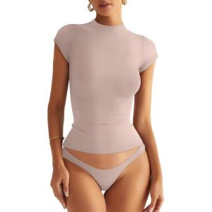 Womens Double Lined Mock Turtle Neck Tops Slim Fitted Cap Sleeve Shirts Going Out Tees Y2k Summer Clothes 2025(Apricot)