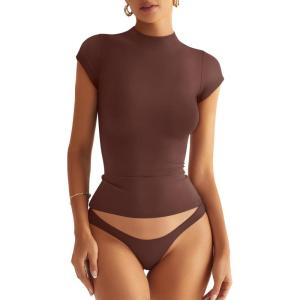 Womens Double Lined Mock Turtle Neck Tops Slim Fitted Cap Sleeve Shirts Going Out Tees Y2k Summer Clothes 2025(Brown)