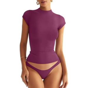 Womens Double Lined Mock Turtle Neck Tops Slim Fitted Cap Sleeve Shirts Going Out Tees Y2k Summer Clothes 2025(Dark Magenta)