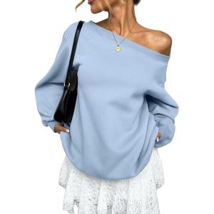 Womens Fleece Lined Sweatshirt Off Shoulder Long Sleeve Pullover Top Oversized Shirt Basic Slouchy Clothes 2025(Light Blue)