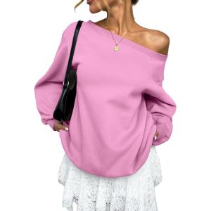 Womens Fleece Lined Sweatshirt Off Shoulder Long Sleeve Pullover Top Oversized Shirt Basic Slouchy Clothes 2025(Pink)