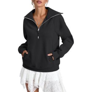 Womens Fleece Lined Sweatshirts Oversized Half Zip Pullover with Pocket Trendy Long Sleeve Tops Outfits Clothes(Black)