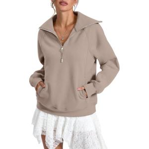 Womens Fleece Lined Sweatshirts Oversized Half Zip Pullover with Pocket Trendy Long Sleeve Tops Outfits Clothes(Coffeegrey)