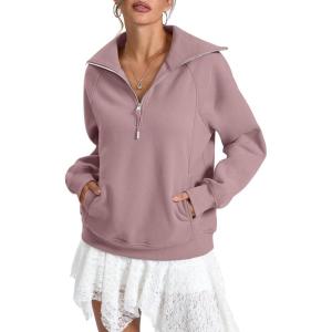 Womens Fleece Lined Sweatshirts Oversized Half Zip Pullover with Pocket Trendy Long Sleeve Tops Outfits Clothes(Dark Pink)