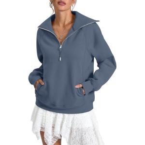 Womens Fleece Lined Sweatshirts Oversized Half Zip Pullover with Pocket Trendy Long Sleeve Tops Outfits Clothes(Dusty Blue)