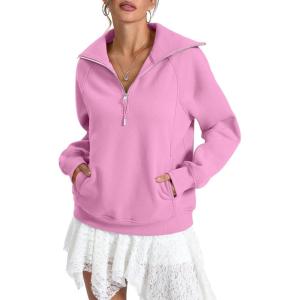 Womens Fleece Lined Sweatshirts Oversized Half Zip Pullover with Pocket Trendy Long Sleeve Tops Outfits Clothes(Pink)