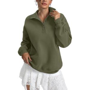 Womens Fleece Sweatshirts Oversized Henley Neck Long Sleeve Button Pullover Tops Trendy Outfits Clothes 2026(Army Green)