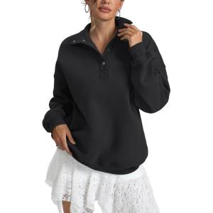 Womens Fleece Sweatshirts Oversized Henley Neck Long Sleeve Button Pullover Tops Trendy Outfits Clothes 2026(Black)
