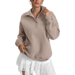 Womens Fleece Sweatshirts Oversized Henley Neck Long Sleeve Button Pullover Tops Trendy Outfits Clothes 2026(Coffeegrey)