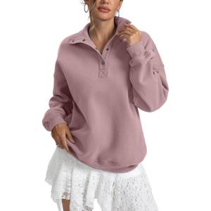 Womens Fleece Sweatshirts Oversized Henley Neck Long Sleeve Button Pullover Tops Trendy Outfits Clothes 2026(Dark Pink)