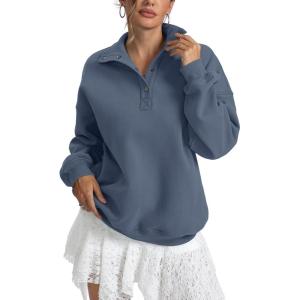 Womens Fleece Sweatshirts Oversized Henley Neck Long Sleeve Button Pullover Tops Trendy Outfits Clothes 2026(Dusty Blue)
