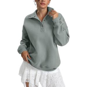 Womens Fleece Sweatshirts Oversized Henley Neck Long Sleeve Button Pullover Tops Trendy Outfits Clothes 2026(Dusty Green)
