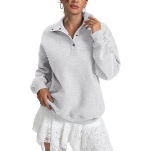 Womens Fleece Sweatshirts Oversized Henley Neck Long Sleeve Button Pullover Tops Trendy Outfits Clothes 2026(Gray)