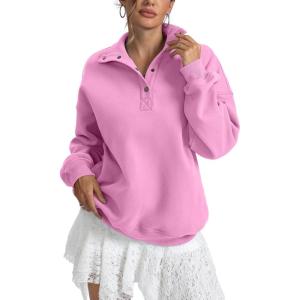 Womens Fleece Sweatshirts Oversized Henley Neck Long Sleeve Button Pullover Tops Trendy Outfits Clothes 2026(Pink)