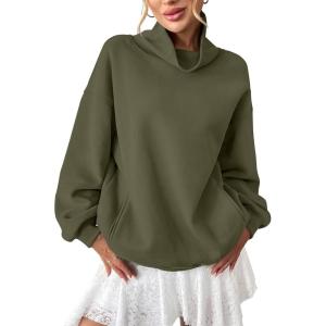 Womens Fleece Sweatshirts with Pockets Oversized Turtleneck Pullover Trendy Long Sleeve Tops Fall Fashion Shirts(Army Green)
