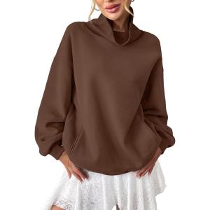 Womens Fleece Sweatshirts with Pockets Oversized Turtleneck Pullover Trendy Long Sleeve Tops Fall Fashion Shirts(Brown)
