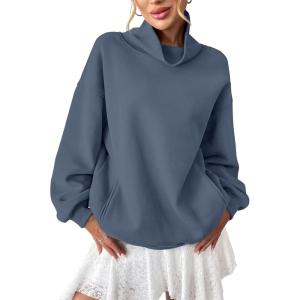 Womens Fleece Sweatshirts with Pockets Oversized Turtleneck Pullover Trendy Long Sleeve Tops Fall Fashion Shirts(Dust Blue)