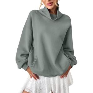 Womens Fleece Sweatshirts with Pockets Oversized Turtleneck Pullover Trendy Long Sleeve Tops Fall Fashion Shirts(Dust Green)