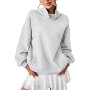 Womens Fleece Sweatshirts with Pockets Oversized Turtleneck Pullover Trendy Long Sleeve Tops Fall Fashion Shirts(Grey)