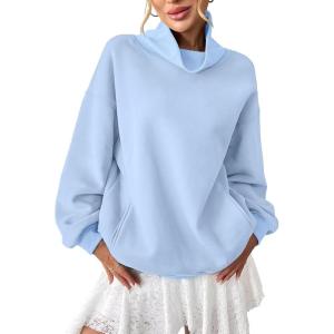 Womens Fleece Sweatshirts with Pockets Oversized Turtleneck Pullover Trendy Long Sleeve Tops Fall Fashion Shirts(Light Blue)