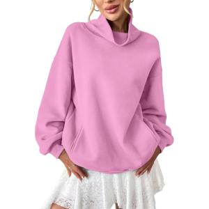 Womens Fleece Sweatshirts with Pockets Oversized Turtleneck Pullover Trendy Long Sleeve Tops Fall Fashion Shirts(Pink)