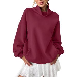 Womens Fleece Sweatshirts with Pockets Oversized Turtleneck Pullover Trendy Long Sleeve Tops Fall Fashion Shirts(Wine Red)