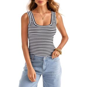 Womens Square Neck Ribbed Tank Tops Sleeveless Basic Tops Sexy Slim Fit Summer Clothes 2025(Black White Stripe)