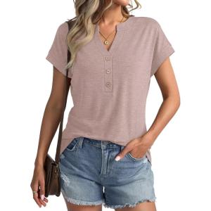 Womens V Neck Cap Sleeve Tops Summer Casual Short Sleeve Shirts Loose Fit Basic Work Tee Trendy Clothes 2025(Apricot)