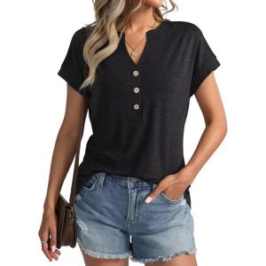 Womens V Neck Cap Sleeve Tops Summer Casual Short Sleeve Shirts Loose Fit Basic Work Tee Trendy Clothes 2025(Black)