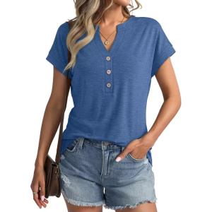 Womens V Neck Cap Sleeve Tops Summer Casual Short Sleeve Shirts Loose Fit Basic Work Tee Trendy Clothes 2025(Blue)