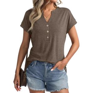 Womens V Neck Cap Sleeve Tops Summer Casual Short Sleeve Shirts Loose Fit Basic Work Tee Trendy Clothes 2025(Coffee)