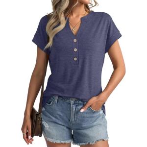 Womens V Neck Cap Sleeve Tops Summer Casual Short Sleeve Shirts Loose Fit Basic Work Tee Trendy Clothes 2025(Navy Blue)