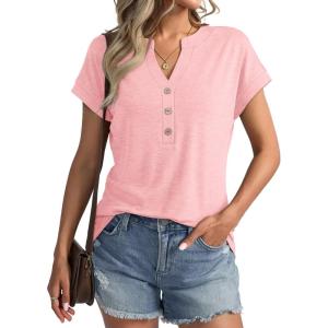 Womens V Neck Cap Sleeve Tops Summer Casual Short Sleeve Shirts Loose Fit Basic Work Tee Trendy Clothes 2025(Pink)