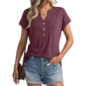 Womens V Neck Cap Sleeve Tops Summer Casual Short Sleeve Shirts Loose Fit Basic Work Tee Trendy Clothes 2025(Red Brown)