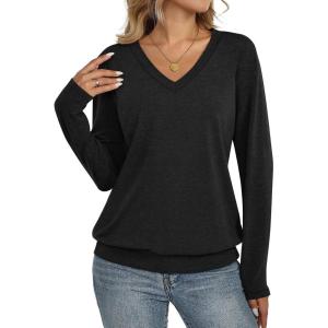 Womens V Neck Long Sleeve Shirts Banded Bottom Cute Loose Fit Tops Dressy Casual Outfits for Fall Spring(Black)