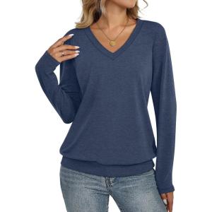 Womens V Neck Long Sleeve Shirts Banded Bottom Cute Loose Fit Tops Dressy Casual Outfits for Fall Spring(Blue)