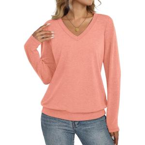 Womens V Neck Long Sleeve Shirts Banded Bottom Cute Loose Fit Tops Dressy Casual Outfits for Fall Spring(Coral)