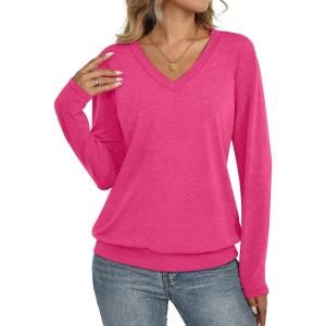 Womens V Neck Long Sleeve Shirts Banded Bottom Cute Loose Fit Tops Dressy Casual Outfits for Fall Spring(Hot Pink)