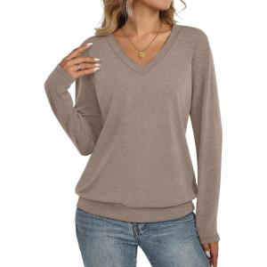 Womens V Neck Long Sleeve Shirts Banded Bottom Cute Loose Fit Tops Dressy Casual Outfits for Fall Spring(Khaki)