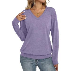 Womens V Neck Long Sleeve Shirts Banded Bottom Cute Loose Fit Tops Dressy Casual Outfits for Fall Spring(Light Purple)